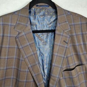Q Clothier BESPOKE Blazer Men 54S Plaid Sport Coat Jacket Brown Blue Windowpane